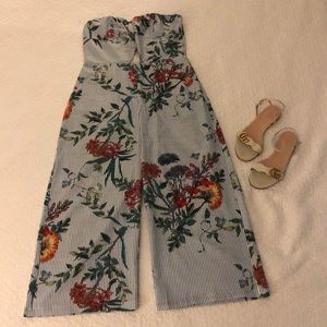 Strapless Pinstripe and Floral Romper